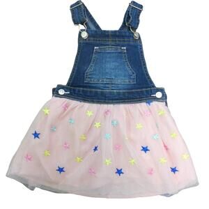 DENIM OVERALL DRESS Tulle Tutu Little Girls Size 2T Pink Stars Lined Princess